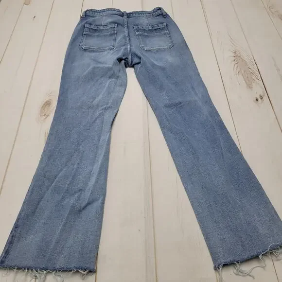 Kancan high rise flare jeans stretch raw hem boho 27 flap pockets short - Picture 2 of 8